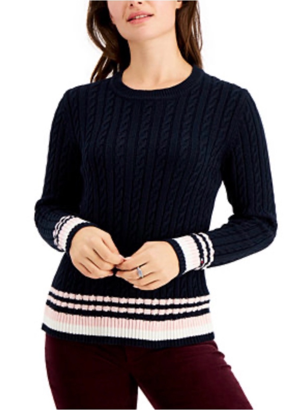 Tommy Hilfiger Cable-Knit Navy Sweater with Contrast Stripes